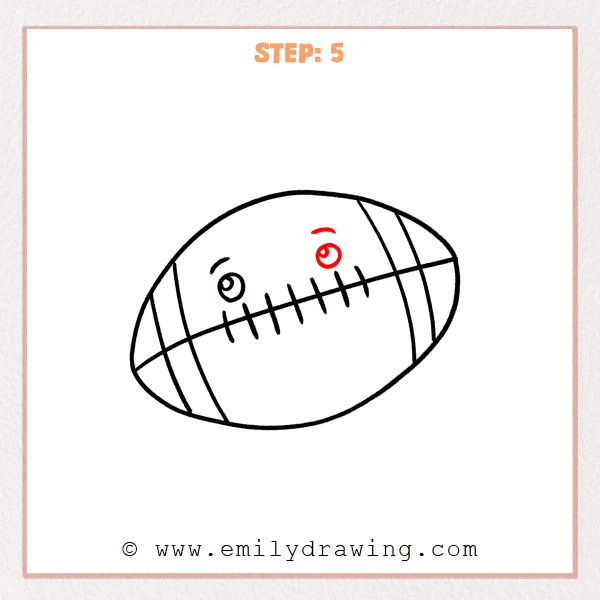 how to draw a cartoon football - A cartoon football with laces and stripes, now showing two simple cartoon eyes with small curved eyebrows above them.
